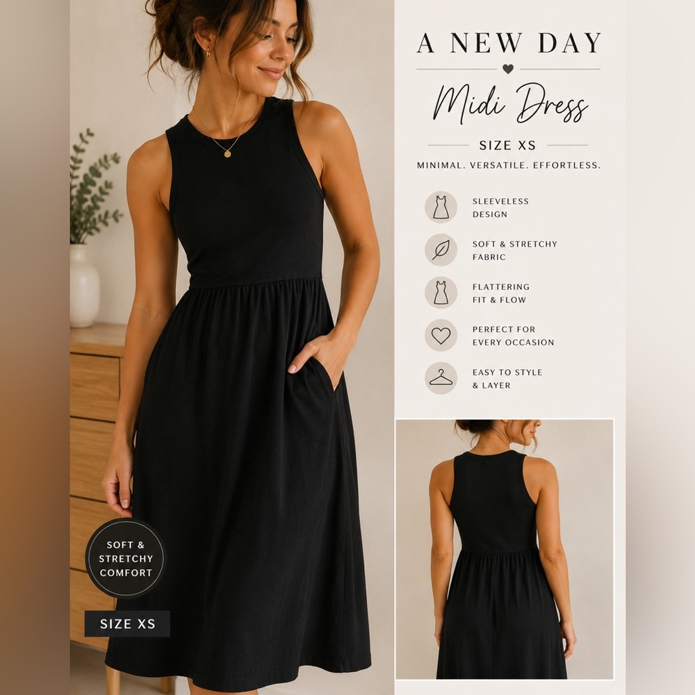 🖤 Black Sleeveless Midi Dress | A New Day | Size XS | Minimalist Chic 🖤